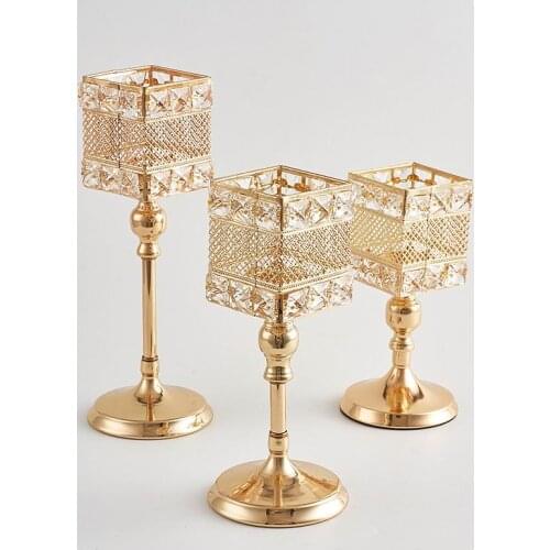 Gold Candle Holders Wedding Table Decoration Candelabra Home K9 Crystal Candlestick Shiny Gold Square Holders candelabros