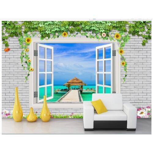 3d wallpaper custom 3d murals wallpaper Pastoral scenery Wall brick wall outside the window the sea beauty wallpaper background
