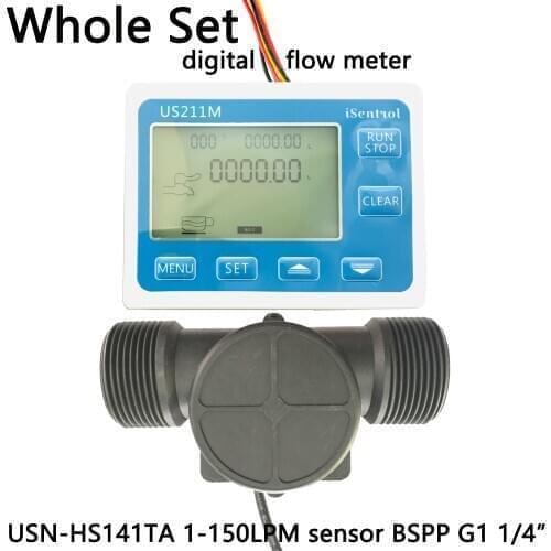 US211M Digital Flow Meter & USN-HS141TA PA66 Nylon and Fibre Glass Hall Flow Sensor Measurement 1-150L/minBSPP G1 1/4" Dijiang