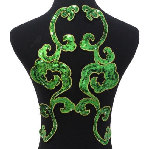 Sequined Flower Appliqued Iron On Floral Patches Mirror Pair Embroidered Petals Pink Blue 38*11.5cm