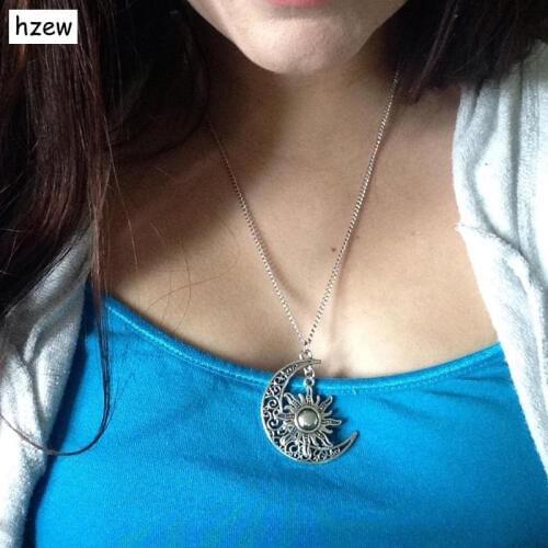 Hzew 50cm Sun and crescent moon charm necklace Hippie necklace sun and stars pendant necklace