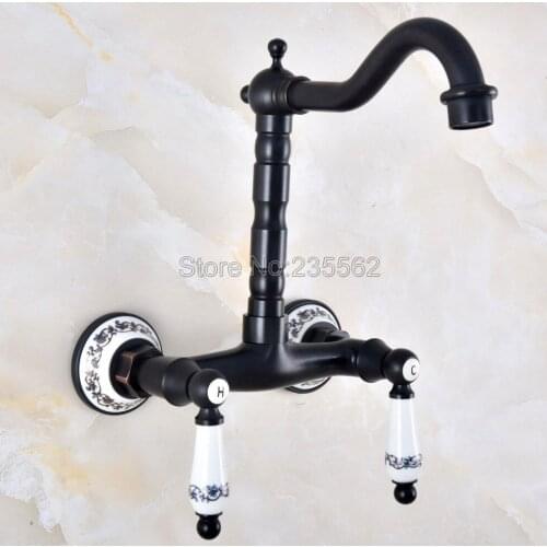 Oil Rubbed Black Bronze Wall Mounted Swivel Kitchen Sink Faucet Dual Handle Bathroom Mixer Tap lnf830