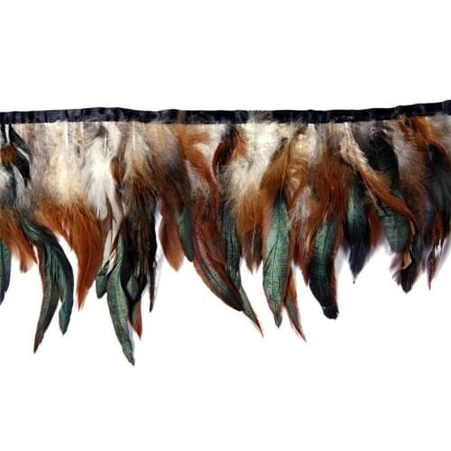 Natural Cocktail feathers Fringe Trims Ribbon natural Rooster Feather For Crafts with Satin Ribbon Tape for skirt costume Plumes