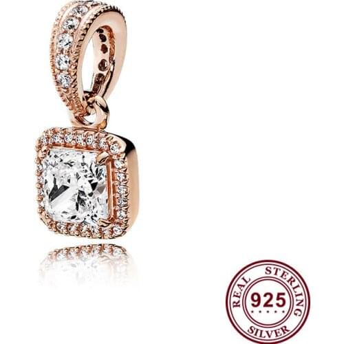 Original 925 Sterling Silver Creative Rose Gold Square With Crystal Pendant Fit Pandora Women Bracelet & Necklace Diy Jewelry