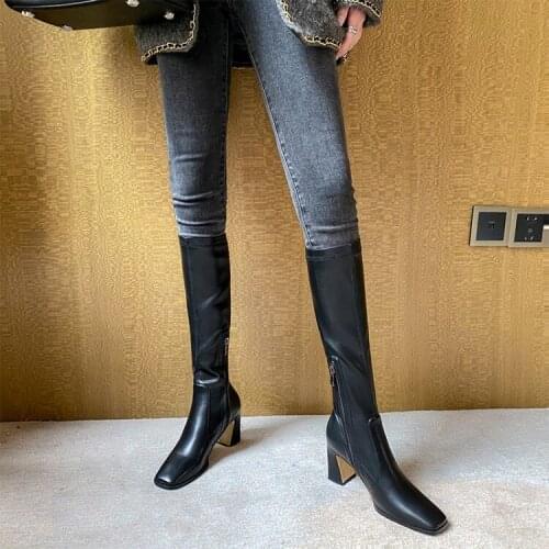 Autumn and winter high boots knee high boots high heels thick heels elastic thin boots square head big size 41-43 Knight boots