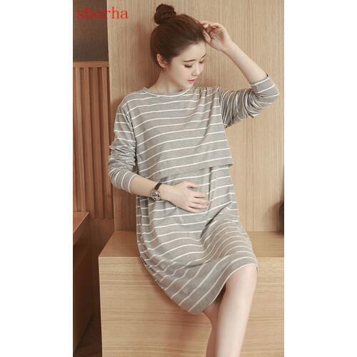 Pregnant women pajamas new cotton knit striped pregnant women feeding clothes long breastfeeding home service dress