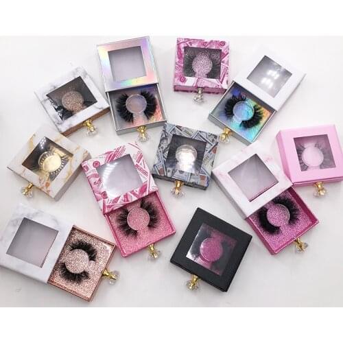 Custom Crystal Handle Lash Boxes Eyelash Packaging Box Fluffy 25mm 5D Mink Strip Lashes