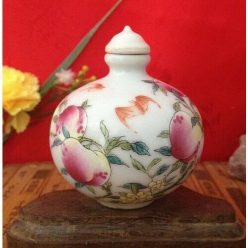 Collect China Ceramic Handmade Painted Shou Peach Porcelain Snuff Bottle Statue