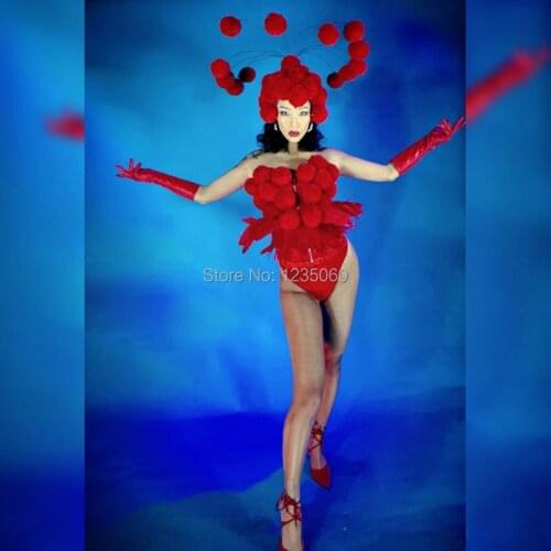 Custom Style Sexy Nightclub Clothes red feather Bodysuit Dj DS Jumpsuit Woman Stage Outfit Stage Costumes For Singers 2-piece