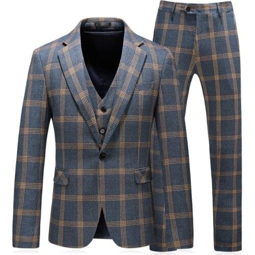 Grey Plaid Mens Suit 3 Pieces Prom Wedding Suits for Men Tuxedo Slim Fit Marriage Costume for Bridegroom Jacket Vest Pants