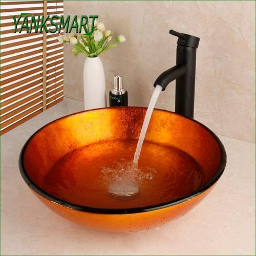 YANKSMART Tempered Glass Brown Washbasin Counter Top Matte Black Faucet Combo Kit Deck Mounted Waterfall Faucets Mixer Water Tap