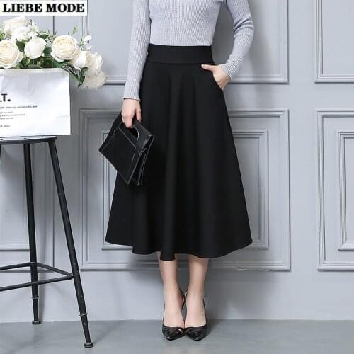 Office Lady Elastic High Waist Midi Skirts Pockets Black Red Business Casual Long Skirt for Women Work Wear Skirts Womens