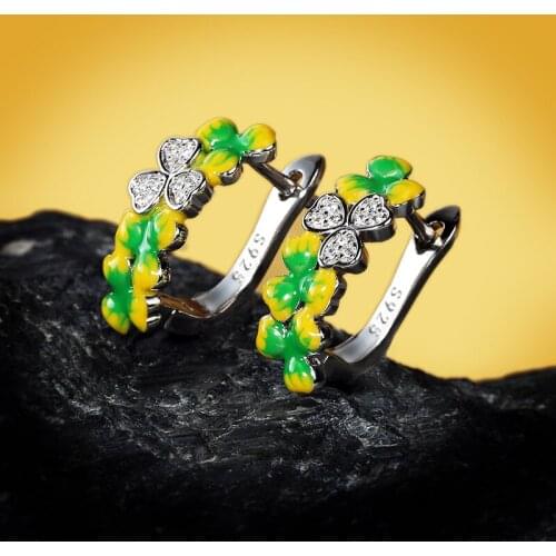 Women Fashion Jewelry 925 Sterling Silver Shiny Zircon Earrings Handmade Enamel Clover Plant Stud Earring Bohemia Fine Jewelry