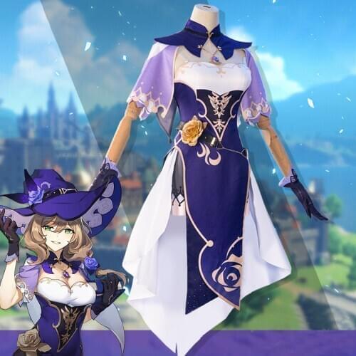 Game Genshin Impact Lisa Cosplay Costumes Witch of Purple Rose Sexy Dress Lisa Cosplay Wig Halloween Party Clothes For Women