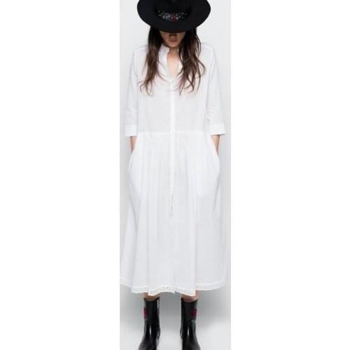 Lace Trim Women Midi Dress White Black Turn-Down Collar Straight Ladies Single-Breasted Dresses with Pockets