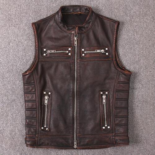Genuine Cow Leather Vest Mens Real Leather Motorcycle Biker Vest High Quality Stand Collar Sleeveless Jackets Zipper Waistcoat