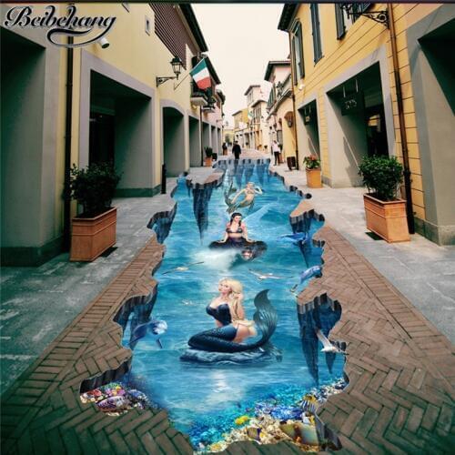 Beibehang Custom 3D flooring outdoor street mermaid 3D shopping mall three-dimensional painting living room decorative painting