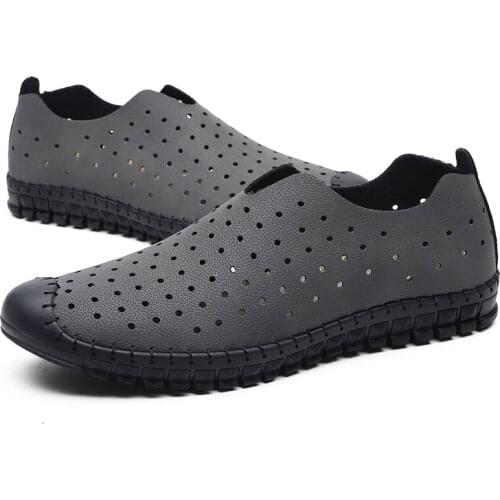 Free Shipping 2020 New Mens Leather Loafer Shoes Summer Breathable Hollow Out Slip On Shoes For Man Size 13 Casual shoes