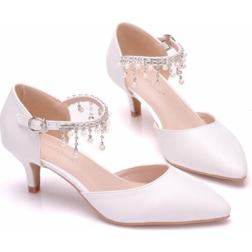 Crystal Queen Summer Women high heel Sandals Pointed Toe Thin Heels 5cm White Single Shoes Rhinestone Mary Janes Ladies Shoes