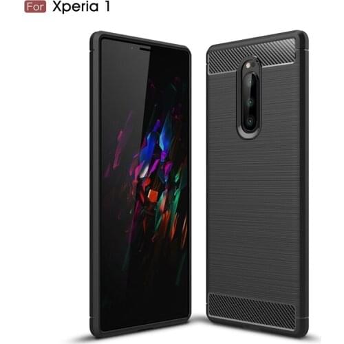 For Sony Xperia 1 / Xperia1 Carbon Fiber Case Anti-knock Soft TPU Brushed Rugged Rubber Armor Silicone Hybrid Cover Case