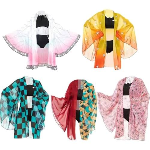 Demon Slayer Anime Cosplay Kimetsu No Yaiba Kamado Tanjirou Two Piece Suit Swimsuit with Sheer Kimono Cardigan Halloween Suit