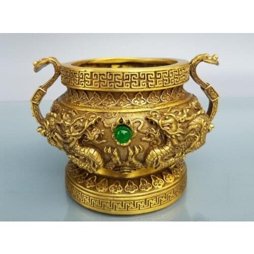 Home Decor 6" Chinese Seikos Bronze Chinese dragon statue Kowloon stove without lid Kowloon play beads pattern incense burner