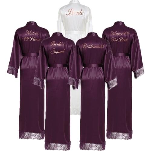 Bridesmaid Robes Long Silk Satin Robe w/ Lace Robe Bridal Wedding Robe Sleepwear Bathrobe Long Gowns for Women purple