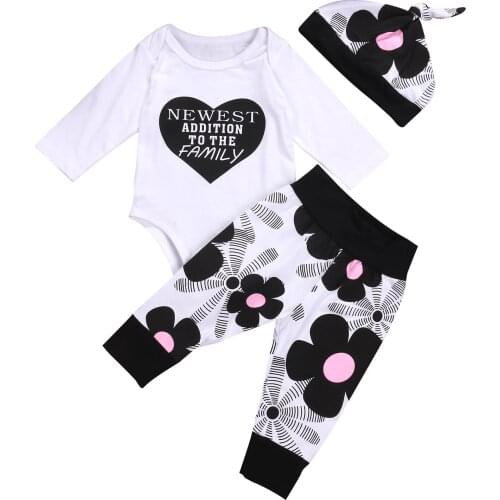 Citgeett Newborn Toddler Baby Boy Girl Long Sleeves Floral Cotton Tops Romper Flower Pants 3Pcs Outfits Heart Casual Set SS