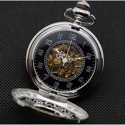 Quartz Pocket Watch Retro Hand Wind Mechanical Pocket Watch With Fob Chain Mens Hollow Skeleton Dial Black Steel Fashion Clock