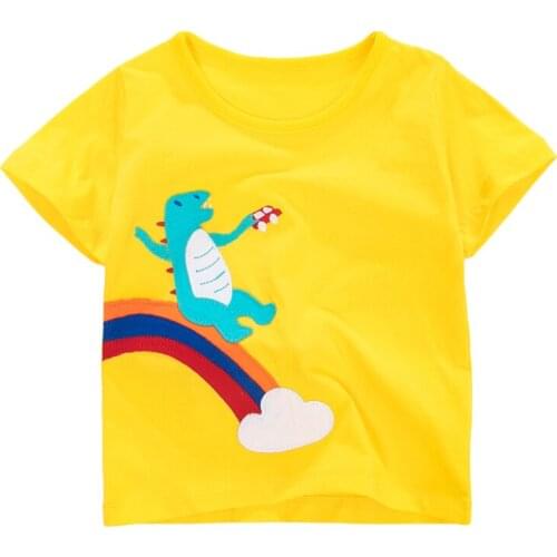 Little Maven New Summer Children Yellow Dinosaur Rainbow Appliques O-neck Short-sleeved Cotton Knitted Boys Casual Tshirts Tops