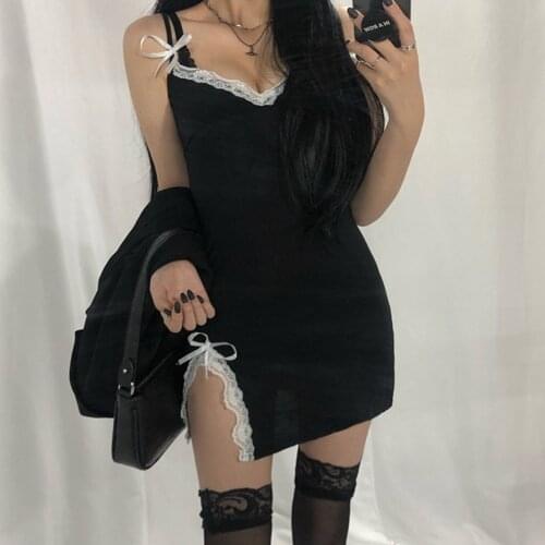 Missnight Split Black Dress Lace Patchwork Sexy Dresses V Neck Spaghetti Strap Mini A Line Dress White Bow Streetwear Clubwear