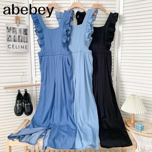 Fashion square collar sleeveless Jumpsuit high waist pleated waist Ruffles casual wide leg split Jumpsuit 2021 New Summer