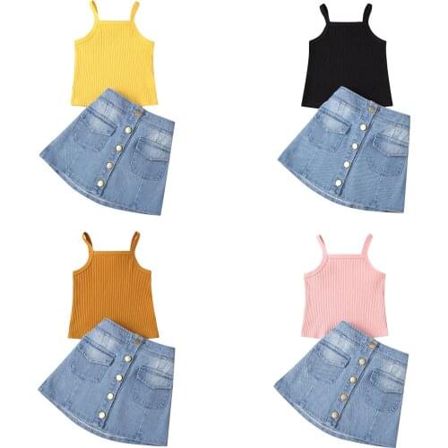 Fashion Infant Kids Baby Girl 2Pcs Outfit Set Solid Color Ribbed Sleeveless Vest Skirt with Pockets for Children 1-5T