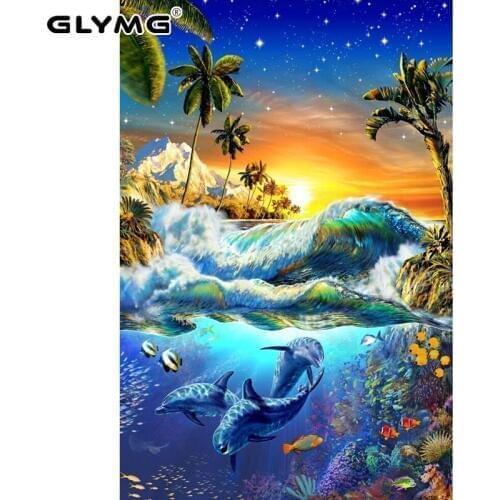 GLymg Diy Dolphin Blue Ocean Diamond Painting Kit Full Drill Cross Stitch Diamond Embroidery Rhinestones Mosaic Decoration