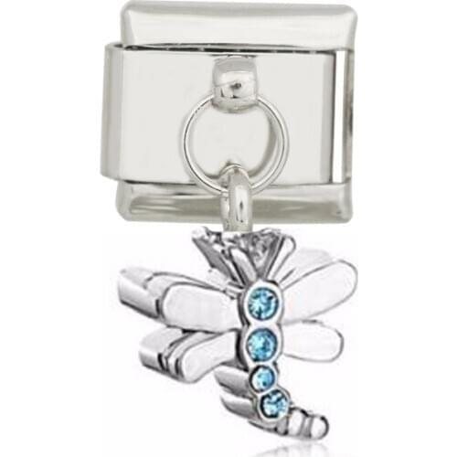 Stainless Steel Composable links Classic 9mm blue crystals dragonfly dangle Italian charm bracelet fit Zoppini brand