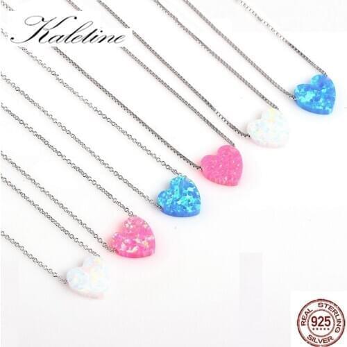 KALETINE 925 Sterling Silver Necklaces Created Opal Pendant Heart Shaped Opal Accessories Women Jewelry Long Necklace