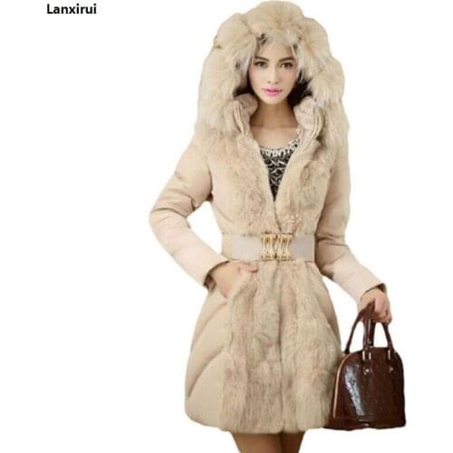 Brand Fashion Women Elegant Winter Warm Down Jacket Parka Fur Ladies Slim Hoodies Long Cheap Coat Belt Manteau Femme