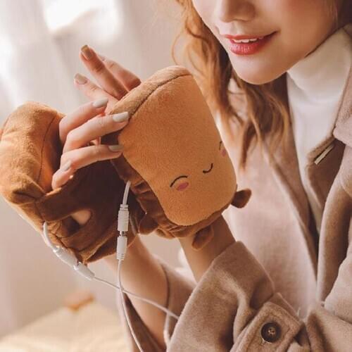USB Heated Gloves Electric Heating Hand Warmers Fingerless Panda Toast Shape Hand Warmer Office Home Work Gloves Winter Gifts
