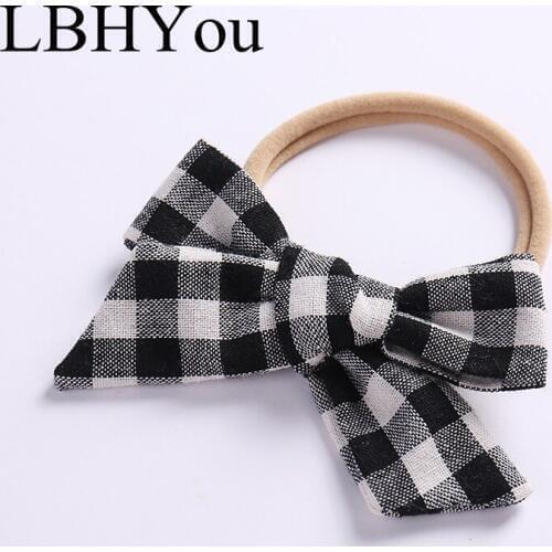 1pc Baby Girls Bow Headbands Sweet Plaid Cotton Linen Bowknot Nylon Head Bands Elastic Soft Toddler Girl Nylon Hair Accessories