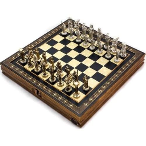 Luxury Hornbeam Wood Black Chess Set 36x36x5 Cm Medium Size Vintage Rustic Professional Design Mosaic Motifs Handmade Arts