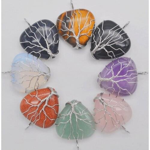 Handmade Tree of life Sandstone Tigereye Opal Crystal Aventurine Carnelian Stone Heart Wire Wrap Pendant Jewelry For Woman Gift