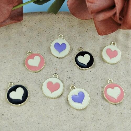 ApeUr 10pcs/pack Round Design Heart Enamel Charms 19*15mm Couple Bracelets Floating Pendants For Jewelry Making Golden Base