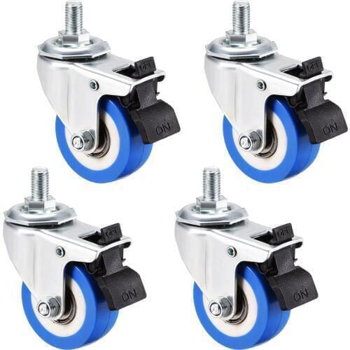 Uxcell Swivel Caster Wheels PU Caster 2 Inch Dia Blue Wheel M12 x 20mm Threaded Stem with Brake , 132lb Capacity , 4pcs