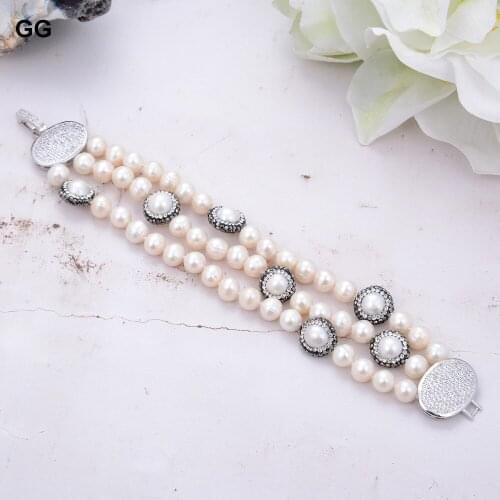 GuaiGuai Jewelry 8'' 3 Rows Natural Cultured Whtie Pearl Bracelet Cz Pearl Beads CZ Clasp
