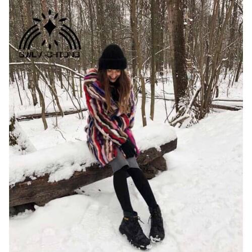 Genuine natural mink fur coat women fashion English collar long jacket ladies colorful multi-color vertical bar outwear
