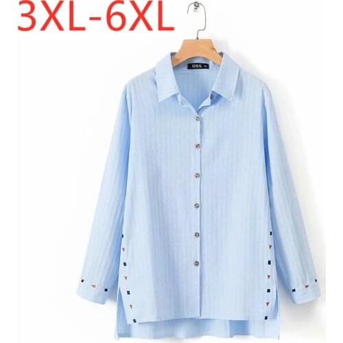 New 2021 Ladies Spring Autumn Plus Size Top For Women Large Long Sleeve Casual Loose Cotton Button Blue Shirt 3XL 4XL 5XL 6XL