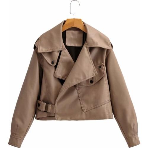 Woman Motorcycles Leather Jacket Fall Loose Drop Shoulder Brown Faux Leather Coat Ladies Loose Jackets Streetwear Outwear Brand