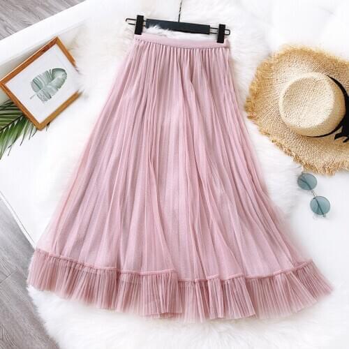 2020 New Summer Pink Vintage Boho Women High Waist Mesh Long Skirt Faldas Jupe Femme Saia
