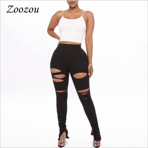 High Waist Stretch Ripped Pants For Women Black Elastic Slim Pleated Pencil Pants Distressed Skinny Fitness Trousers 2020 Custom