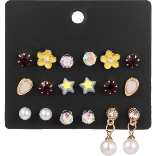 9 pairs/set ethnic boho small mixed enamel flower star stud earring for women girl trendy pearl rhinestone wedding jewerlry gift